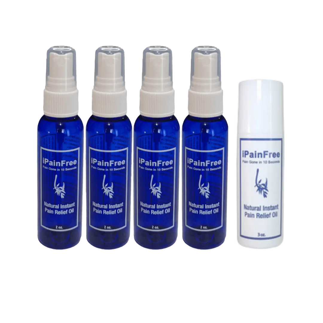 Four iPainFree spray bottles and a roll-on in cobalt blue